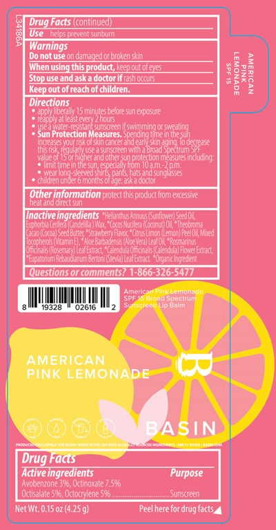 Basin American Pink Lemonade Spf 15 Broad Spectrum Sunscreen Lip Balm 0.15 Oz Label (L34186a Pl119s Basin Epcot  Vegan Strawberry Lemonade Spf 15 Broad Spectrum 2022 4 26 Ol)